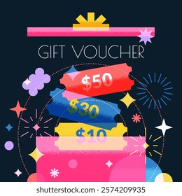 Gift voucher in open box. Vector geometric colorful flat illustration. Sale promotion banner, poster, greeting card, discount coupon design template