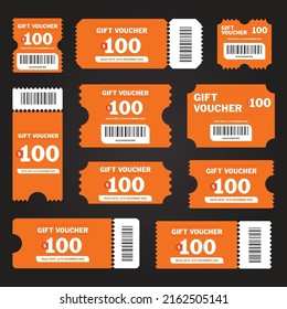 Gift Voucher Orange Template with barcode. Simple coupon available for scan. Promotion label a hundred dollar value voucher