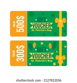 Gift voucher to patrick day in green and gold  colors with coin, balloon and shamrock. Holiday coupon. Flat vector illustration.