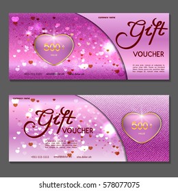 Gift voucher. Pink background for Valentine's Day with hearts. Vector, illustration.
