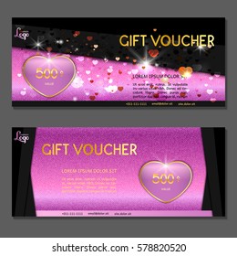 Gift voucher.  Pink background for Valentine's Day with hearts. Vector, illustration.