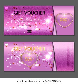 Gift voucher.  Pink background for Valentine's Day with hearts. Vector, illustration.