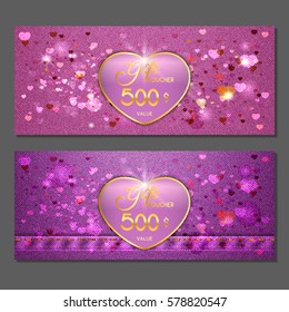 Gift voucher.  Pink background for Valentine's Day with hearts. Vector, illustration.
