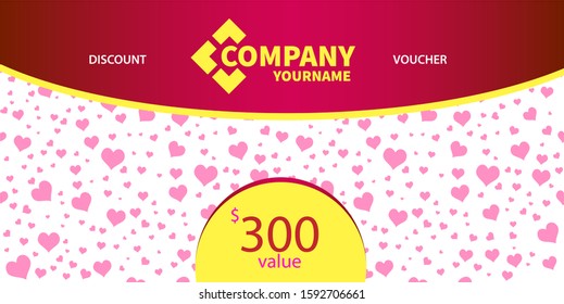 Gift voucher with pink hearts on white background for wedding or for Valentine's day greeting card. coupon with empty place for text.  