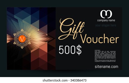 Gift voucher & place for text, logo, contact information. The combination of graphic elements with typography. Example designs for cafe, hotel, stores, promotions, advertising.