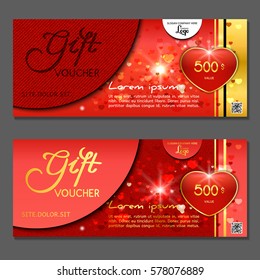 Gift voucher. Red  background for Valentine's Day with hearts. Vector, illustration.