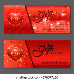 Gift voucher. Red  background for Valentine's Day with hearts. Vector, illustration.