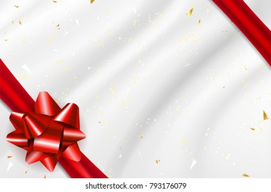 Gift voucher with red bow and fabric background. Vector illustration.
