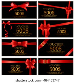 Gift Voucher with Red Bow and Ribbon Set Template For Your Business. Vector Illustration EPS10
