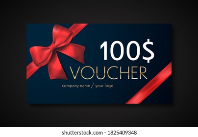 vale de regalo con cinta roja y arco. Tarjeta de descuento