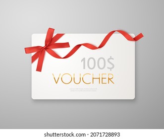 Gift voucher with red ribbon and bow. Discount luxury voucher. Vector banner