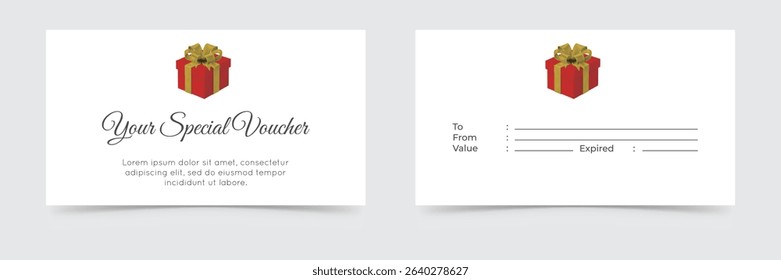 Gift voucher with red ribbon and present box on clean white background