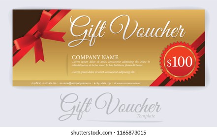 Gift voucher with red ribbons and bow, Gift coupon, Voucher template