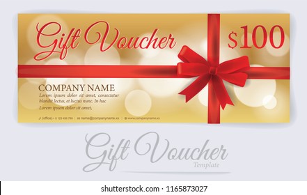 Gift voucher with red ribbons and bow, Gift coupon, Voucher template