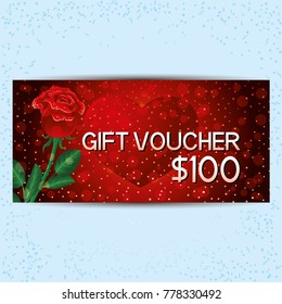 Gift voucher with red rose and heart.