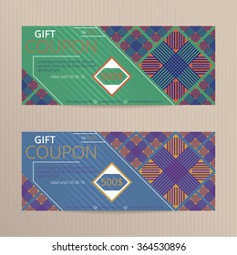 Gift voucher with retro design. Sales card template. Coupon discount set.