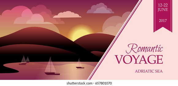 Gift voucher Romantic journey under the sea with the image of sailboats at sunset. Vector