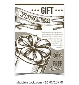 Gift Voucher Round Box Advertising Banner Vector. Present Box Tall Round Shape With Ribbon Bow. Birthday Anniversary Decoration Surprise Container Mockup Hand Drawn Monochrome Illustration