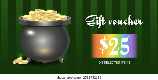 Gift voucher for Saint Patricks day with cauldron, gold coins, rainbow. Vector illustration on dark green background