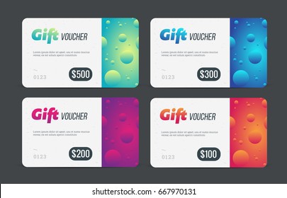 Gift voucher set. Modern template with futuristic pattern. Trendy discount plastic card. Vector mockup.