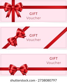 Gift Voucher set with red bow. Gift card. Greeting card. Cute ribbon