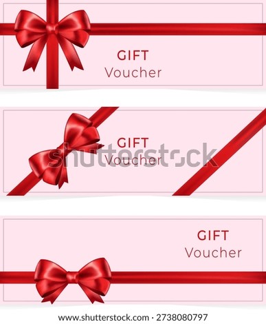 Gift Voucher set with red bow. Gift card. Greeting card. Cute ribbon