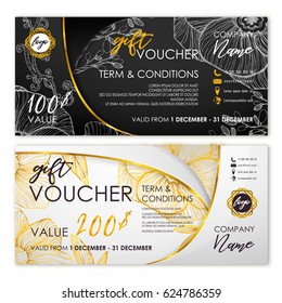 Gift voucher set in white and black with golden ribbon, halftone minimalist pattern, shadows. Card template, banner or coupon design, elegant concept, certificate background. Vector illustration.