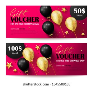 Juego de vales de regalo.Ilustración vectorial con globos y estrellas dorados y negros.Diseño de cupón de descuento utilizable para invitaciones o entradas.