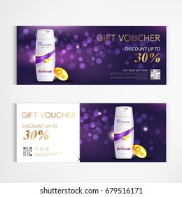 Gift voucher shampoo for annual sale blue packaging template vector design.