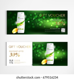 Gift voucher shampoo for annual sale blue packaging template vector design.