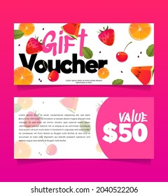 Gift voucher, shopping certificate with summer fruits, berries and value. Special coupon, promo card template for store or cafe discount, off, special offer Vector mockup, two-sided printable template