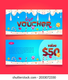 Gift voucher, shopping certificate with sweets, candies, lollipops and chocolate price. Special coupon or promo card template for confectionery store or cafe discount, off, special offer Vector mockup