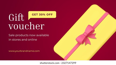 Gift voucher for shopping sale discount festive present card clearance invitation 3d banner realistic vector illustration. Shop store promo special offer surprise ticket coupon card for price reduce