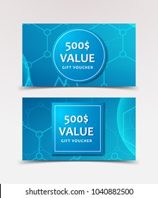 Gift Voucher with technological, scientific, abstract, geometric background with polygonal abstract shapes, circles, lines, triangles. Discount coupon for recovery, purchase of things 