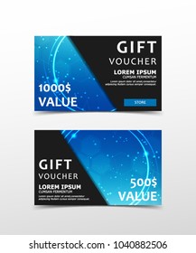 Gift Voucher with technological, scientific, abstract, geometric background with polygonal abstract shapes, circles, lines, triangles. Discount coupon for recovery, purchase of things 