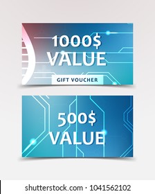 Gift Voucher with technological, scientific, abstract, geometric background with polygonal abstract shapes, circles, lines, triangles. Discount coupon for recovery, purchase of things and entertainmen