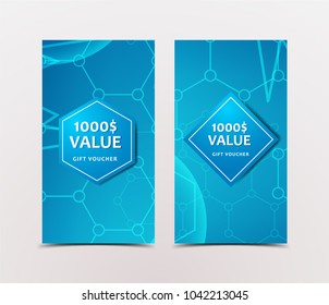 Gift Voucher with technological, scientific, abstract, geometric background with polygonal abstract shapes, circles, lines, triangles. Discount coupon for recovery, purchase of things and entertainmen
