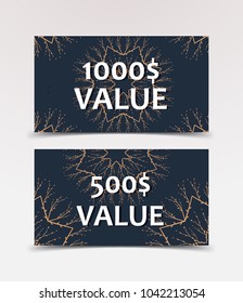 Gift Voucher with technological, scientific, abstract, geometric background with polygonal abstract shapes, circles, lines, triangles. Discount coupon for recovery, purchase of things and entertainmen