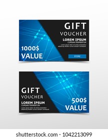 Gift Voucher with technological, scientific, abstract, geometric background with polygonal abstract shapes, circles, lines, triangles. Discount coupon for recovery, purchase of things and entertainmen