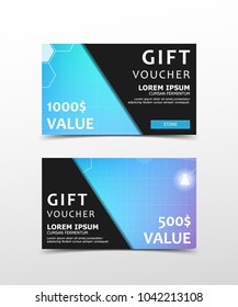 Gift Voucher with technological, scientific, abstract, geometric background with polygonal abstract shapes, circles, lines, triangles. Discount coupon for recovery, purchase of things and entertainmen