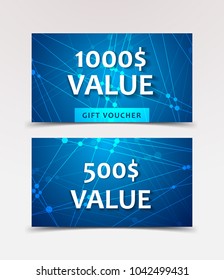 Gift Voucher with technological, scientific, abstract, geometric background with polygonal abstract shapes, circles, lines, triangles. Discount coupon for recovery, purchase of things and entertainmen
