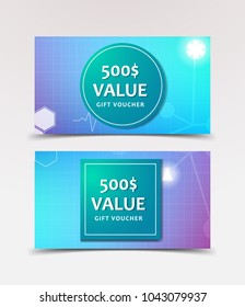 Gift Voucher with technological, scientific, abstract, geometric background with polygonal abstract shapes, circles, lines, triangles. Discount coupon for recovery, purchase of things and entertainmen
