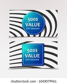 Gift Voucher with technological, scientific, abstract, geometric background with polygonal abstract shapes, circles, lines, triangles. Discount coupon for recovery, purchase of things and entertainmen