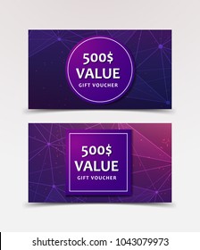 Gift Voucher with technological, scientific, abstract, geometric background with polygonal abstract shapes, circles, lines, triangles. Discount coupon for recovery, purchase of things and entertainmen