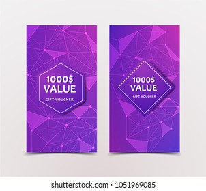 Gift Voucher with technological, scientific, abstract, geometric background with polygonal abstract shapes, circles, lines, triangles. Discount coupon for recovery, purchase of things and entertainmen