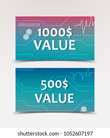 Gift Voucher with technological, scientific, abstract, geometric background with polygonal abstract shapes, circles, lines, triangles. Discount coupon for recovery, purchase of things and entertainmen