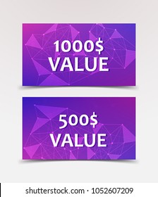 Gift Voucher with technological, scientific, abstract, geometric background with polygonal abstract shapes, circles, lines, triangles. Discount coupon for recovery, purchase of things and entertainmen