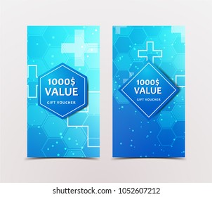 Gift Voucher with technological, scientific, abstract, geometric background with polygonal abstract shapes, circles, lines, triangles. Discount coupon for recovery, purchase of things and entertainmen
