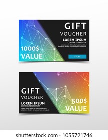 Gift Voucher with technological, scientific, abstract, geometric background with polygonal abstract shapes, circles, lines, triangles. Discount coupon for recovery, purchase of things and entertainmen