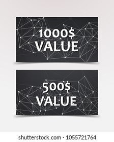 Gift Voucher with technological, scientific, abstract, geometric background with polygonal abstract shapes, circles, lines, triangles. Discount coupon for recovery, purchase of things and entertainmen